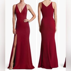 NWT Dress the Population 'Iris' Garnet Red Side Slit Crepe Gown, X-Large